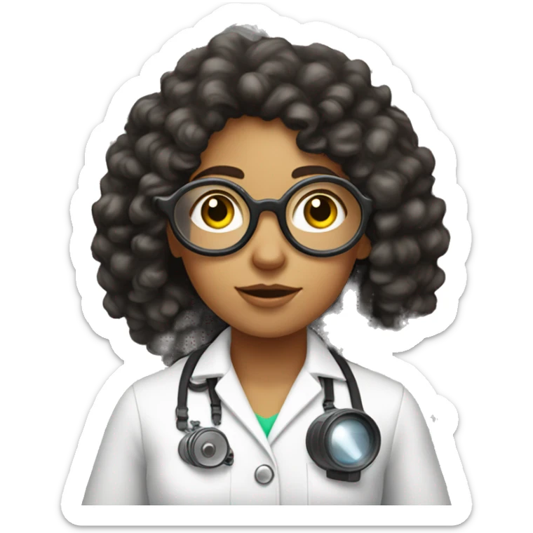White teenage girl scientist with black hippie perm, freckles on her face, and binoculars around her neck sticker