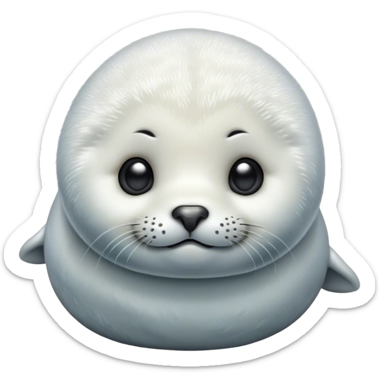 Cinematic Cute Baby Seal Portrait Emoji, Head tilted playfully and inquisitively, featuring a charming, pudgy body with velvety, damp fur, oversized round eyes brimming with innocent wonder, and a soft, cuddly face, Simplified yet irresistibly adorable features, highly detailed, glowing with a warm, frosty glow, high shine, affectionate and lively, stylized with a touch of whimsical polar magic, soft glowing outline, capturing the essence of a mischievous yet loving baby seal that seems as if it could waddle out of the screen into your arms! sticker
