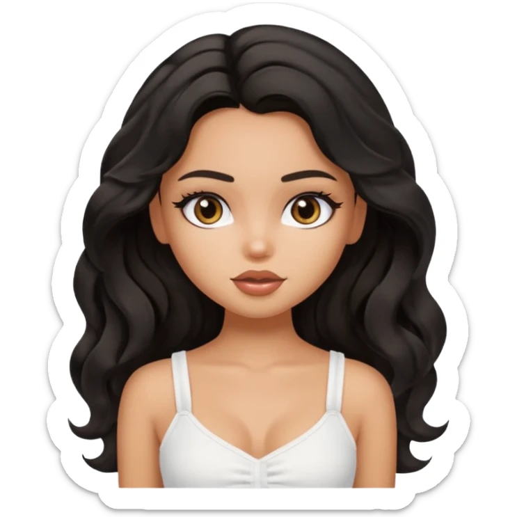 a pretty bratz tan girl with wavy black hair wearing a white cami top. Skintone is tan sticker