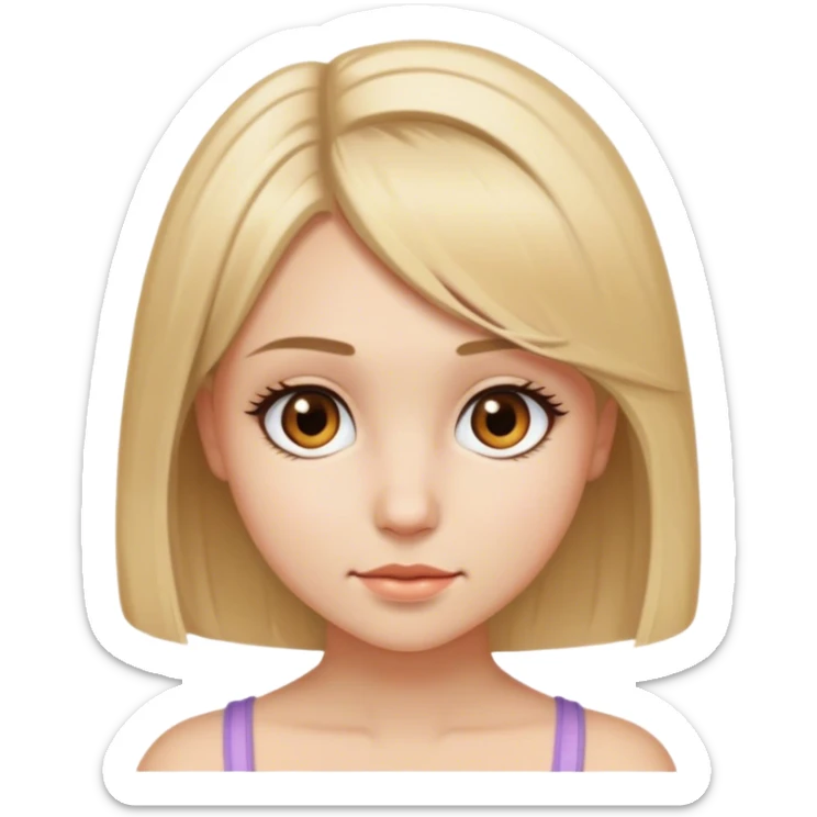 Crie uma menina jovem com cabelo loiro médio, curto no ombro, com olhos castanhos, cílios médios, sticker