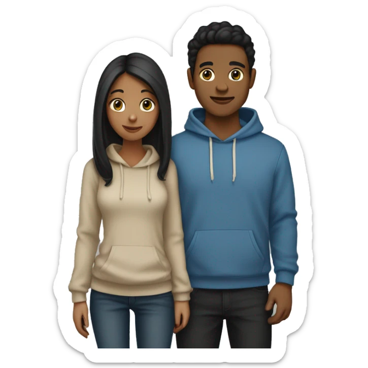 A guy with dark hair in a beige hoodie and black jeans holds hands with a girl with a highlighted hairstyle in a beige hoodie and blue jeans sticker