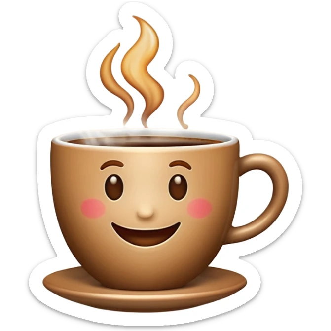 Create an emoji-style image of a warm morning cup of coffee with steam rising and a cheerful smiling face on the cup. The background should feel cozy and bright, like morning sunshine. sticker