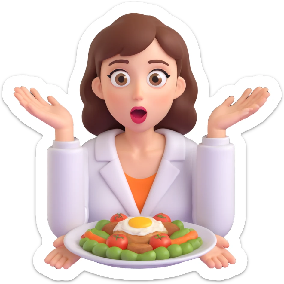 woman with wide eyes, drooling, hands outstretched toward a plate of food sticker