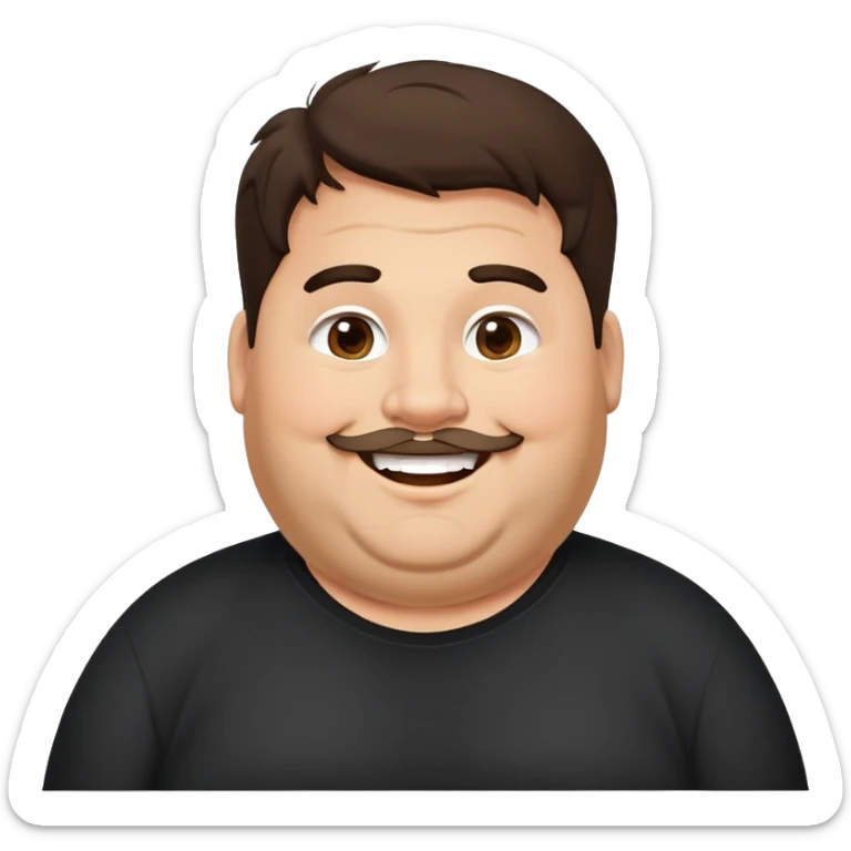 Hombre obese, cuerpo grande, latino piel canela, cara redonda-ancha, scruff sin barba completa, cejas gruesas, pelo oscuro ondulado flat largo hasta el cuello. Sonrisa amplia, expresión alegre. Camisa negra. Size large.  sticker