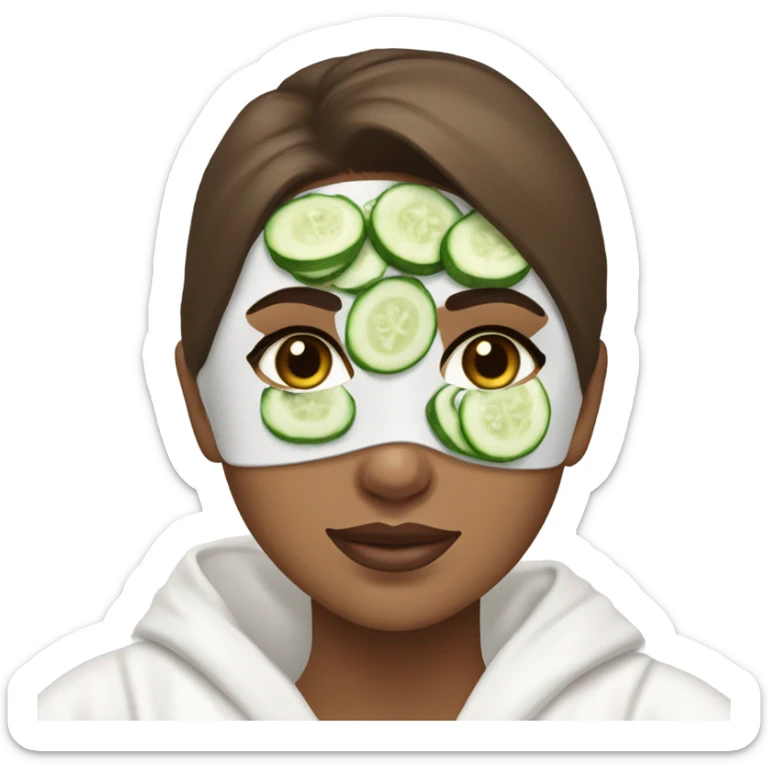 White girl with Brown hair and blue eyes wears a Green clay colored skincare textured mask and puts on cucumbers around her eyes while She relaxes in her white Robe sticker