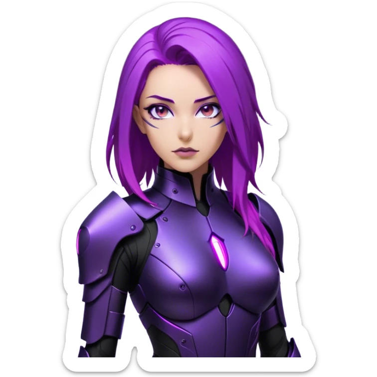 A sleek warrior woman with flowing purple hair, her sharp violet eyes glowing with quiet intensity. She wears a form-fitting black armored suit with smooth, seamless plating, a fusion of high-tech design and elegant minimalism. The matte black surface subtly reflects the dim ambient light, highlighting the streamlined contours of her suit. A slim, obsidian blade rests at her side, its edge barely visible in the soft glow of floating digital glyphs around her. Her expression is poised—calm, calculated, and unwavering, standing against a gradient-lit backdrop, where darkness meets the faintest hint of neon luminescence. sticker