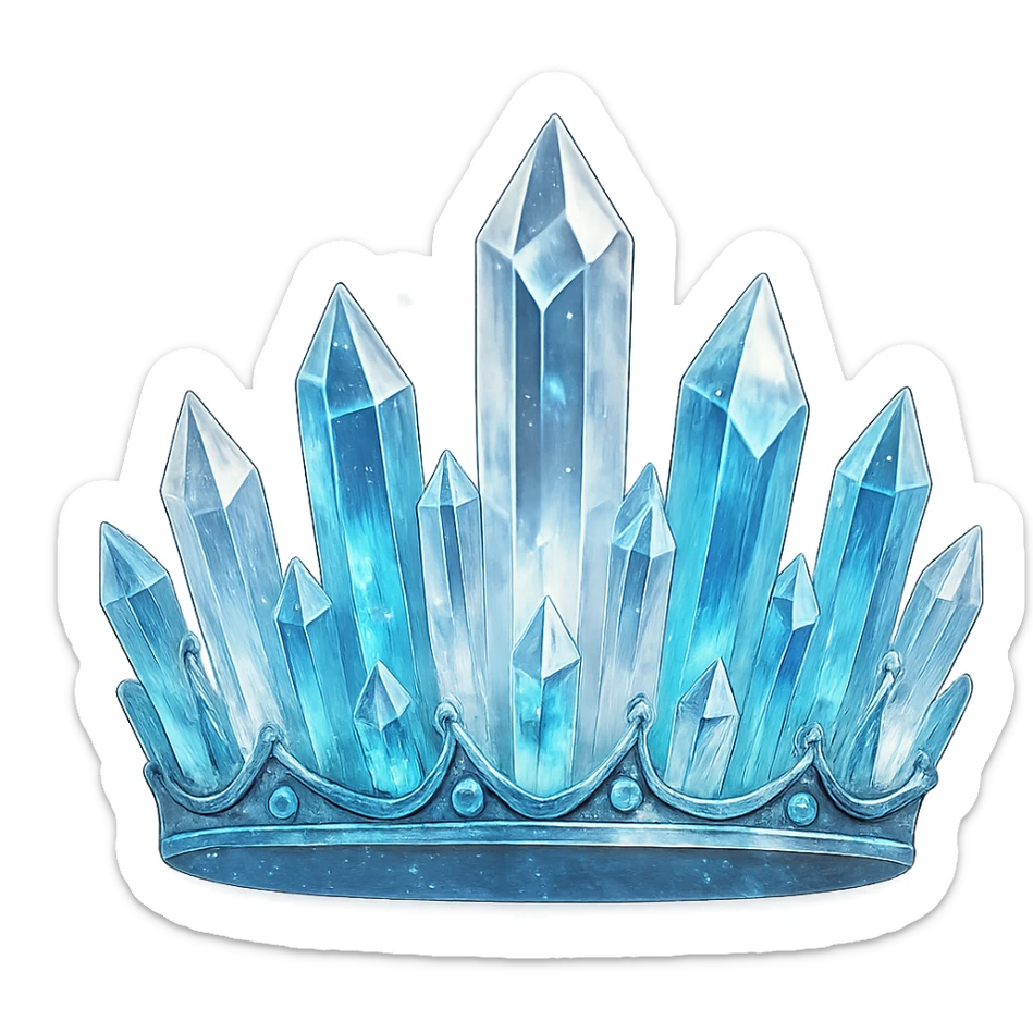 a crystal crown made of faceted clear and icy blue crystals, with silver accents and a magical glow sticker