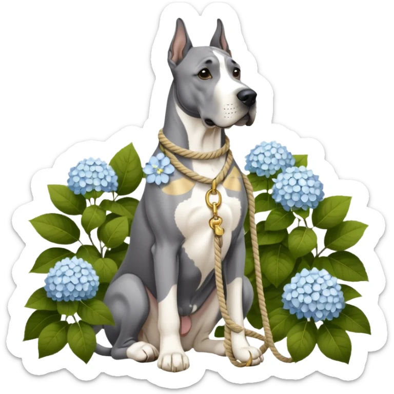 Gray Great Dane with white rope collar and rope Leash with gold accents sotting near a white hydrangea bush  sticker