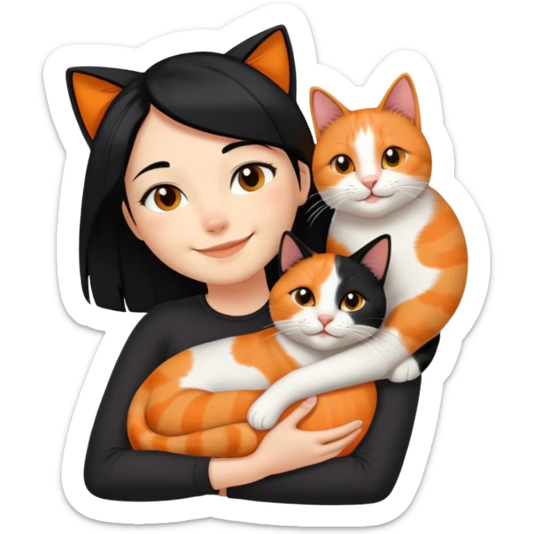 rambut hitam lurus panjang dan satu kucing belang tiga yang dominan berwarna oren sedang berbaring di bahu dan leher kirinya emojiem
 sticker