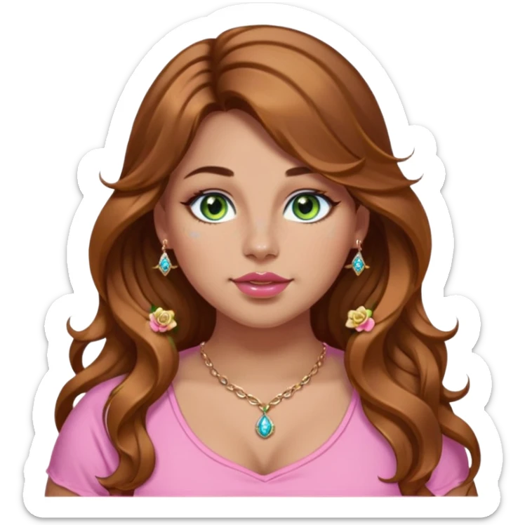 Girl girl long wavy brown hair with caramel highlights, green/blue/gold eyes, plus size, pink girly top, right nostril rose gold nose ring with diamonds embedded sticker