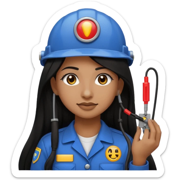 emoji of a brown girl with long black hair and nose piercing electromechanical technician adjusting electrical wires,  emoji style, large size sticker