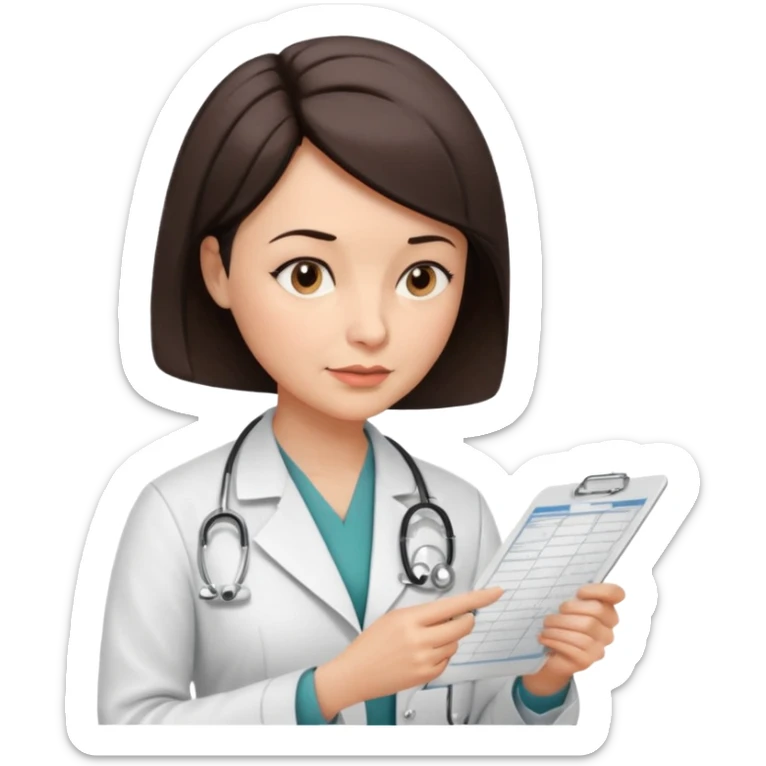 A female doctor in her 50s with visible facial wrinkles, dark brown short bob hair, her body turned slightly at an angle, with her gaze clearly directed downward and fixed on the medical chart she is reviewing. sticker