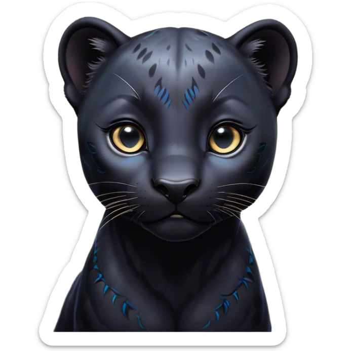 Cinematic Cute black Panther Portrait Emoji, Head tilted playfully and inquisitively, with a smooth, streamlined form accentuated by a subtle sheen and round, sparkling eyes filled with charm, Simplified yet irresistibly adorable features, highly detailed, glowing with a warm, inviting glow, high shine, affectionate and lively, stylized with a touch of whimsical mystery, bright and endearing, soft glowing outline, capturing the essence of a mischievous yet loving black Panther that seems as if it could pounce out of the screen into your arms! sticker