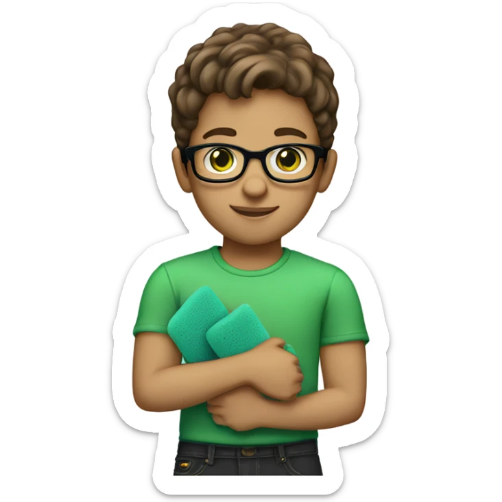 Little boy, brown hair, green eyes, light tan skin, glasses, blue shirt, black jeans, holding a sponge sticker