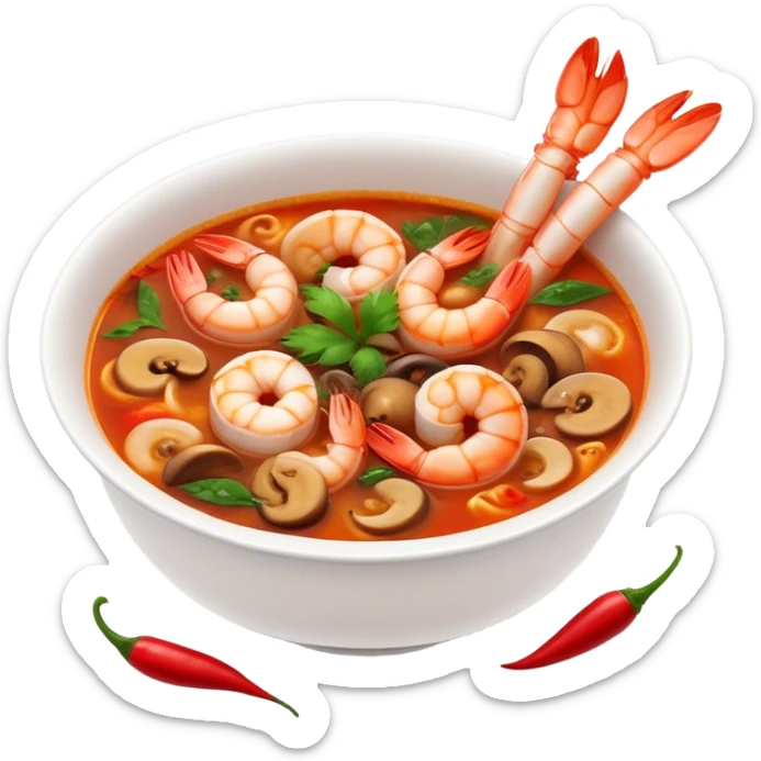 Cinematic Realistic Tom Yam Kung Soup Dish Emoji, showcasing a spicy, sour shrimp soup with herbs and mushrooms rendered with lifelike textures and bold, dynamic lighting. sticker