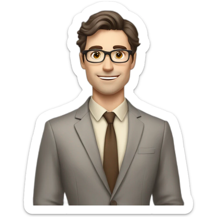 Pale skinned fit man with dark brown hair in gray jacket, beige office shirt, brown tie, brown pants and vintage glasses Writing on the flipchart sticker