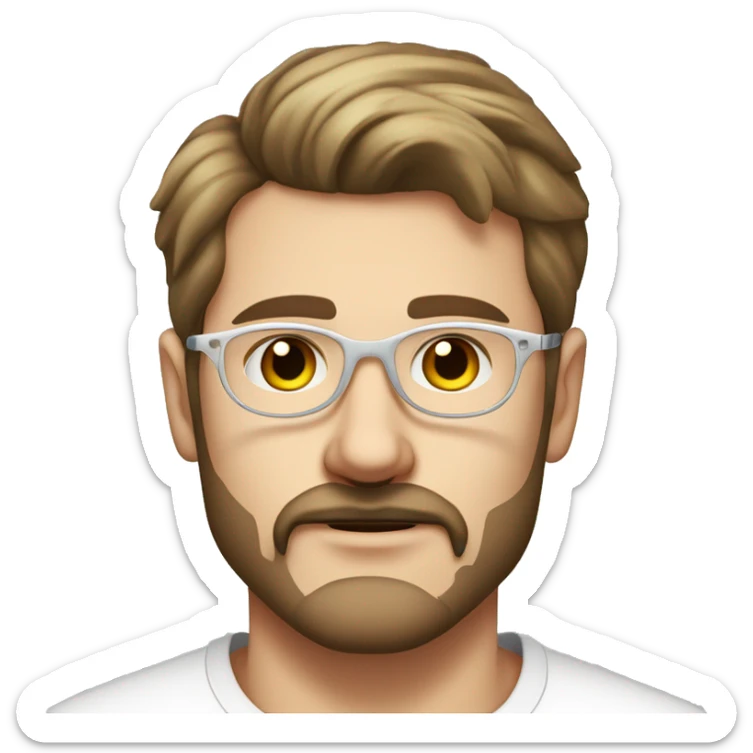 Young man with short beard, brown blond hair and a moustach, wearing a white t-shirt and transparent glasses. Hi name is nils heinemann. Only portrait. Looking frendly sticker