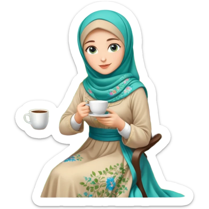 Turkish beautiful finish Konya girls blue eyes with Beautiful light brown green floral hijab long tail dress and in a lovely garden sits on the chair on the ground and holds cup coffe with her hand  sticker