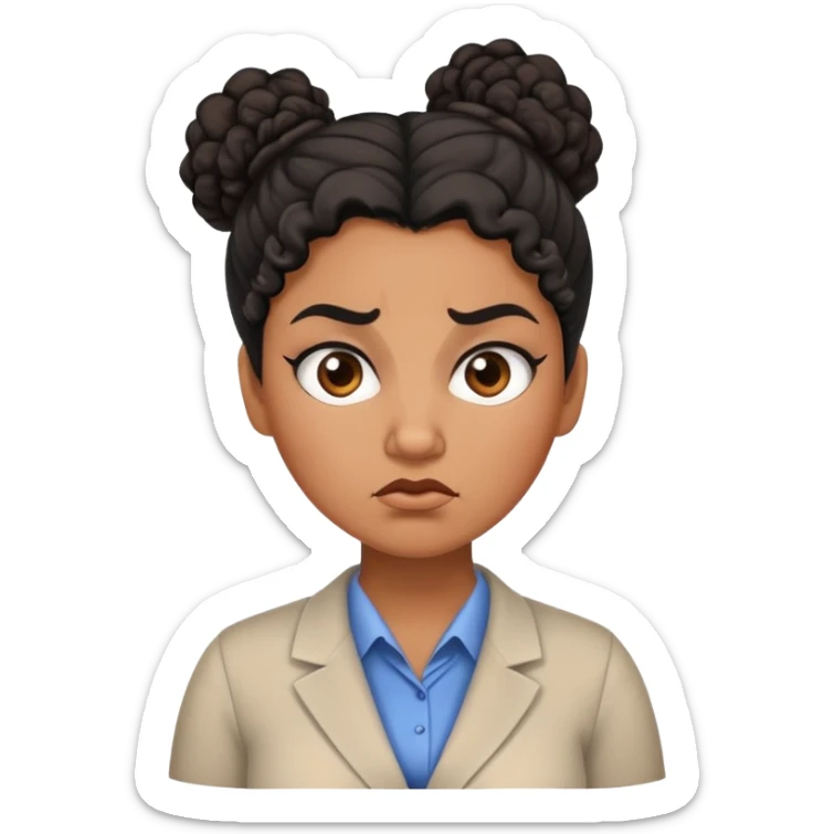An angry female teacher with brown skin, black curly hair in a bun or updo, and slightly chubby sticker