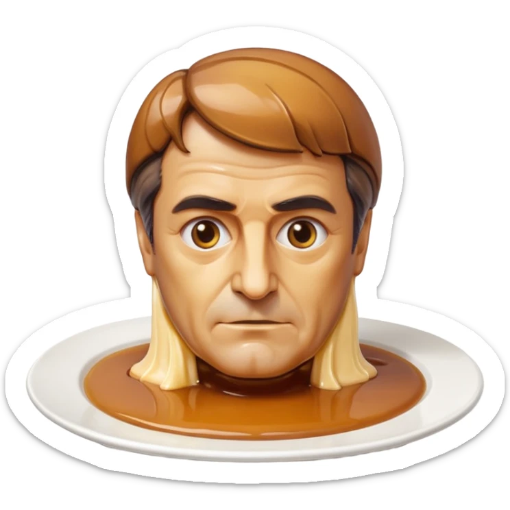 apple style emoji of François Fillon's bust with entire head and face made of flan, highly stylized dessert-like appearance, no realistic human details, thick shiny caramel hair dripping, on a white plate sticker