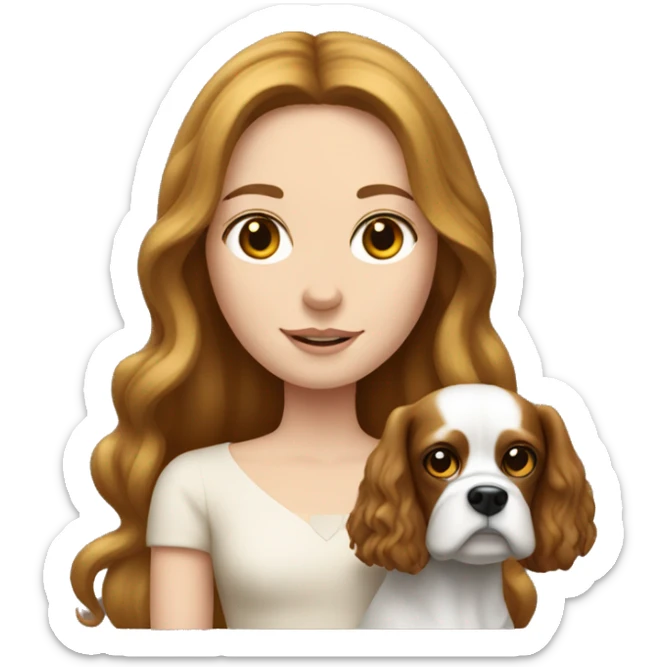 pale girl with long brunette hair holding a king charles dog sticker