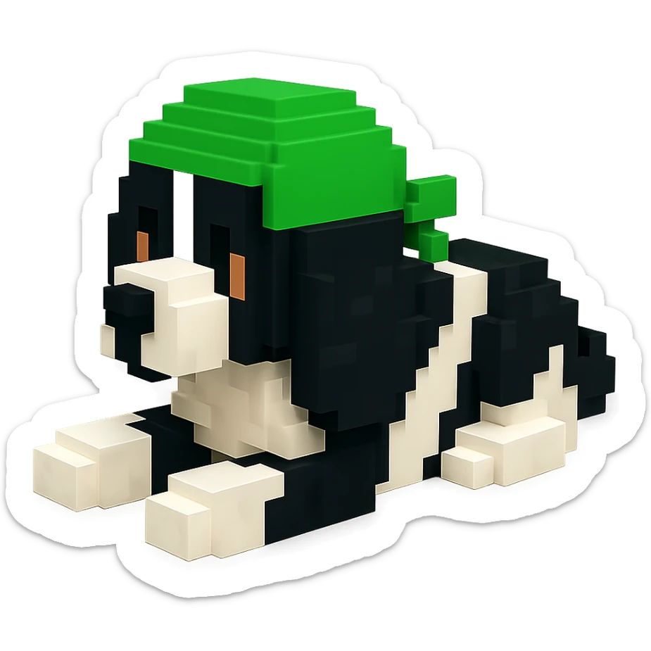 A black and white Russian Cocker Spaniel puppy wearing a green durag, voxel style, lying down sticker