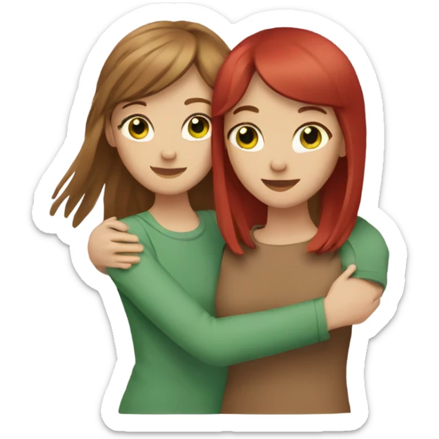 Two Caucasian girls hugging, 1 with long brown hair and brown eyes, 1 with red hair and bangs with green eyes sticker
