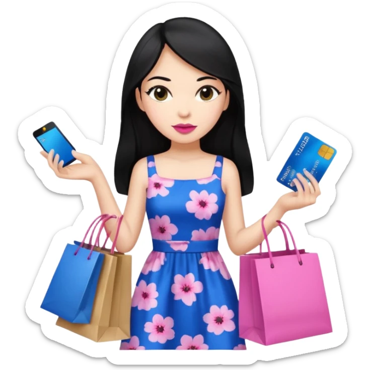Girl with long black hair, pink lipstick, brown eyes holding shopping bags and blue credit card and wearing a dress  sticker