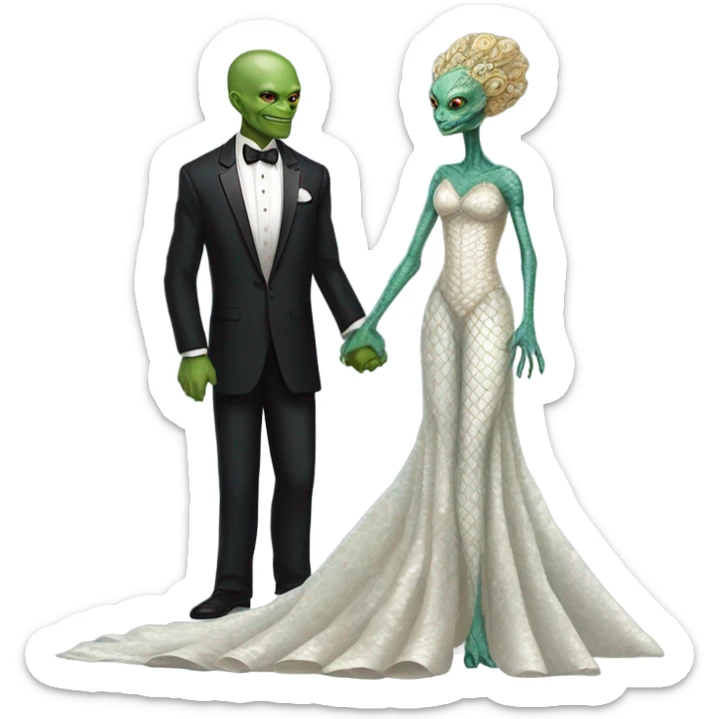 Alien reprilian woman in wedding dress and one humman man in a tuxedo holding hands getting married sticker