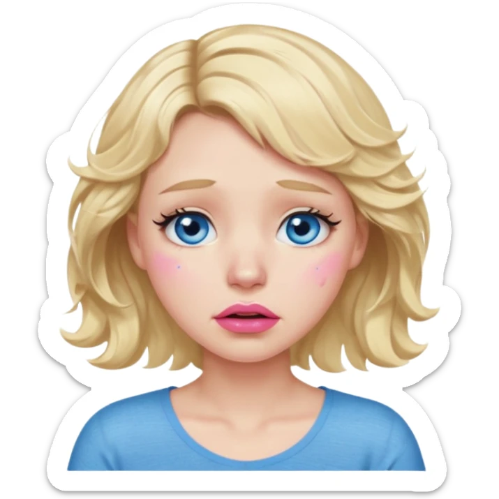 Girl Blonde short wavy hair,  blue eyes, cute blue top, long lashes, pink lips,crying with big tears running down the face  sticker