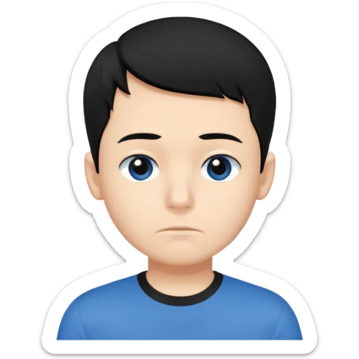 Cute apple emoji-style boy portrait, black hair, blue t-shirt, big black eyes, closed mouth,clean bold lines, flat colors, minimal shading sticker