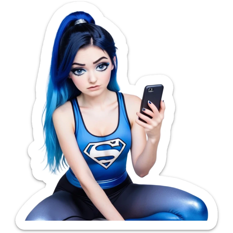 Crying big tears-Texting on phone-very very very large upper body-sexy face-bending forward at waist-very long very straight dark blue to light blue ombre hair-and-blue eyes-thick black eyeliner-thick long eyelashes-iridescent blue lowcut tanktop with black leggings with glitter superman logo sticker