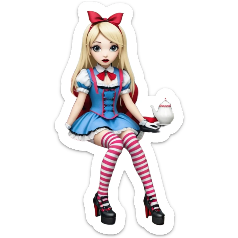  3d rendering,  ultra detailed, Alice in wonderland modern style in a punk gothic style outfit, stripped knee high socks, gothic platform heels, long blonde hair, eyeliner, red lipstick, perfect makeup, at the tea party in gothic victorian style,  transparent background
 sticker