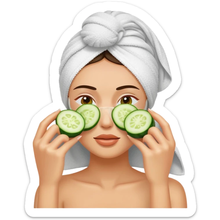 Faceshot of a woman in a towel with cucumbers covering her eyes sticker