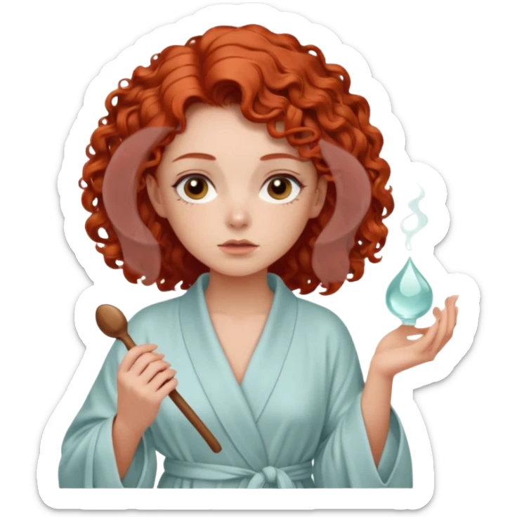 Cartoon emoji of a girl with voluminous curly red hair, fair skin, warm brown eyes. Wearing a chic milky silk robe with long sleeves, no makeup. Portrait mode, holding a gua sha, looking doubtful and unsure. Smooth, simple, stylized." sticker