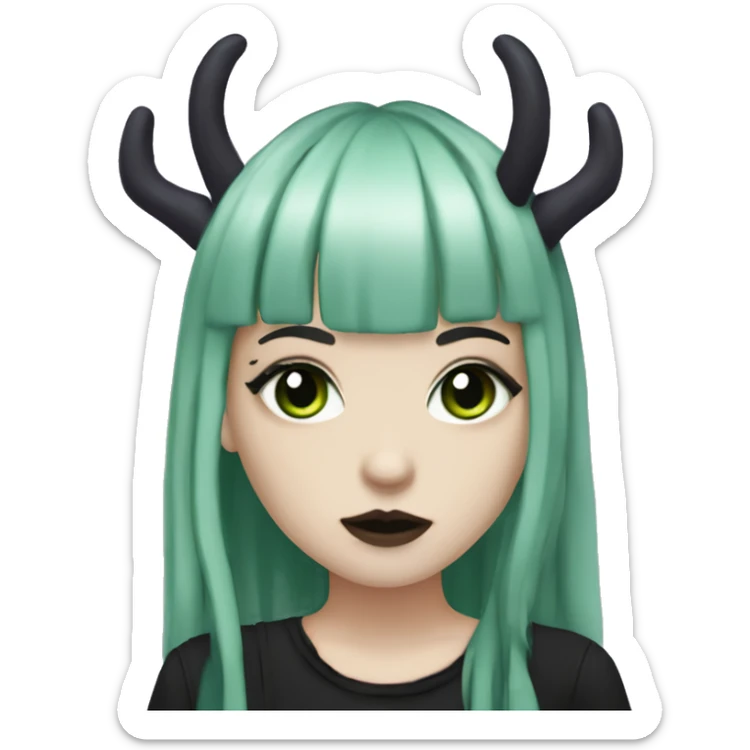 gothic girl, pale skin, green eyes, hair as a dreads, deep dark purple hair, bangs, black clothes, eyeliner, upper lip mole, antlers  sticker