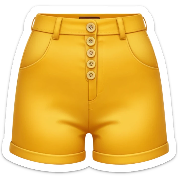 A 3D cartoon Golden yellow high-waist shorts with visible seams and buttons, soft shading, isolated plain background, Memoji-style. sticker