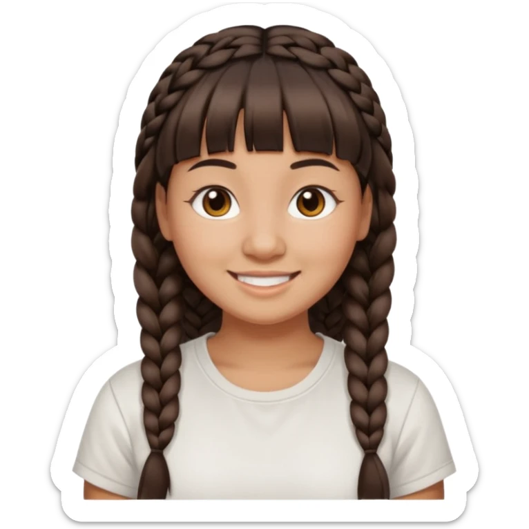 27 year old woman with tan skin, dark brown hair in low braids, blunt cut bangs, chubby face, brown eyes, smiling without teeth showing, white tee shirt sticker