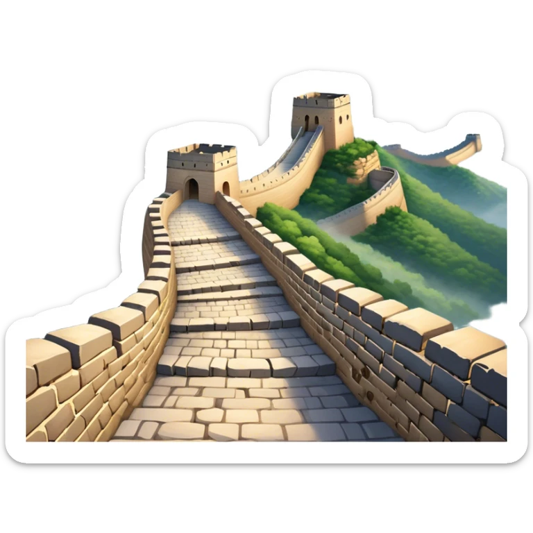 Cinematic Realistic Great Wall of China Landmark Emoji, depicted with ancient stone pathways winding over rugged mountains, watchtowers punctuating the misty landscape, and soft golden sunlight casting dramatic shadows. sticker