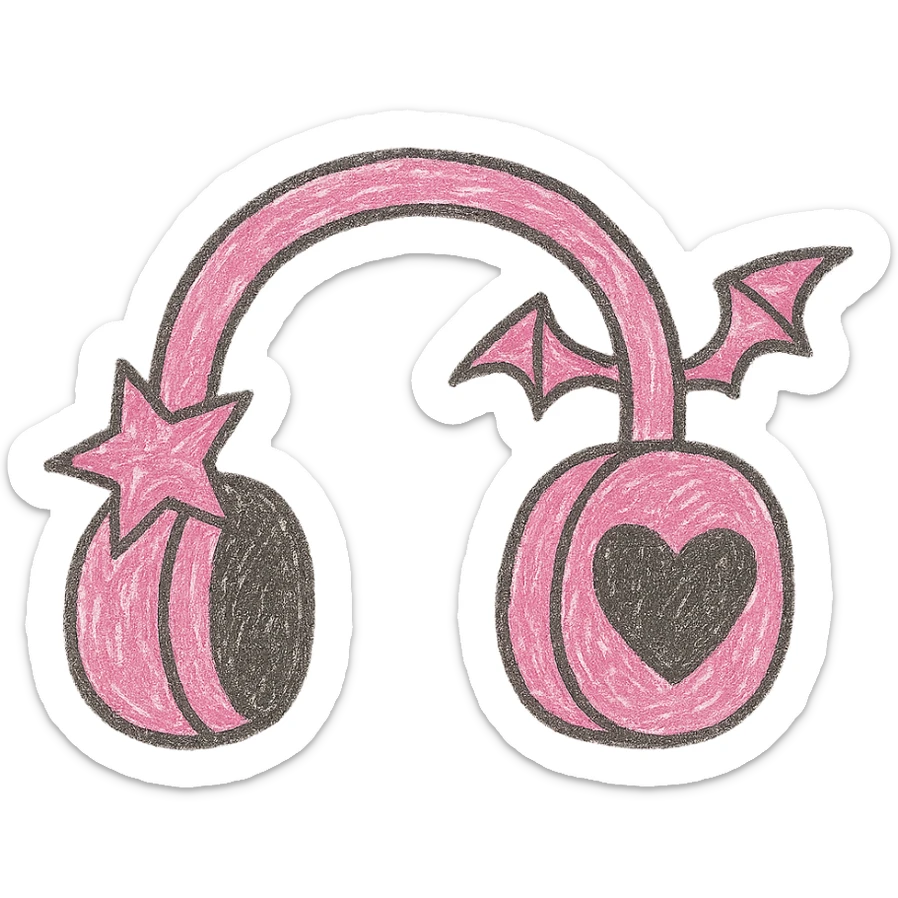 Remove the background, keep only the pink gothic headphones in children doodle style, with playful gothic shapes and simple lines, with no background. sticker