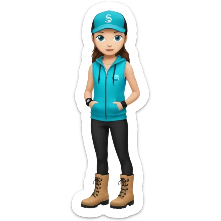 A landscaper in a beautiful turquoise hoody and turquoise rubber boots, black pants, and a black sleeveless shirt. On her head is a black color Swissotel baseball cap. The girl is a brunette with blue eyes. sticker