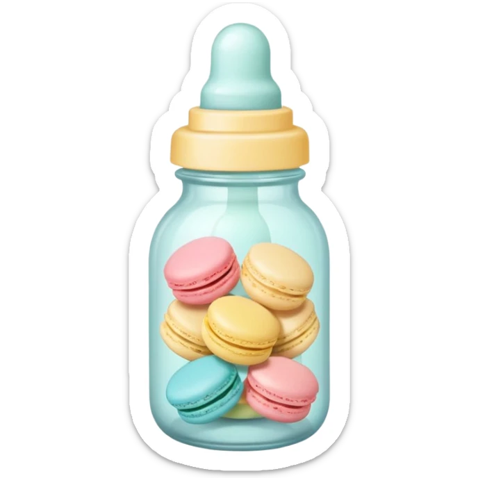 A cute baby bottle with a light yellow nipple and cute stickers on the bottle body. Macaron color palette sticker