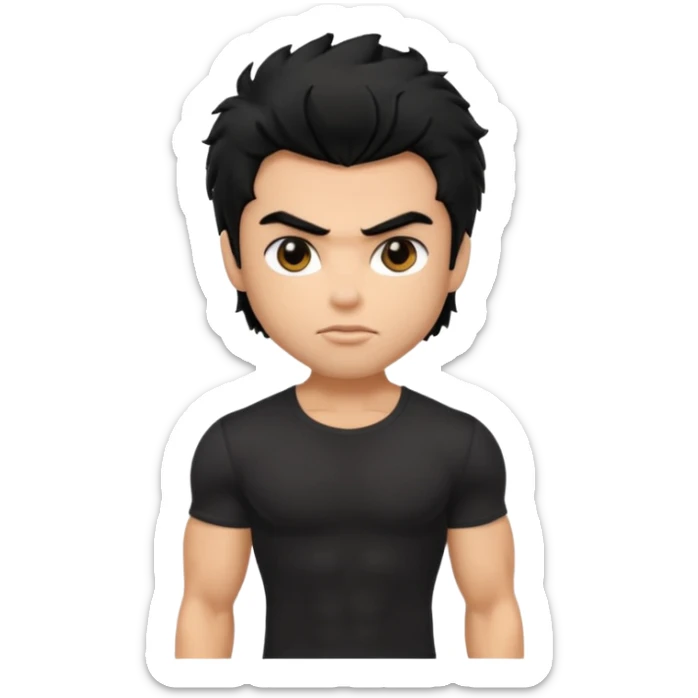 a pretty bratz guy with black hair with big muscles and shaggy hair in a tight black tee sticker