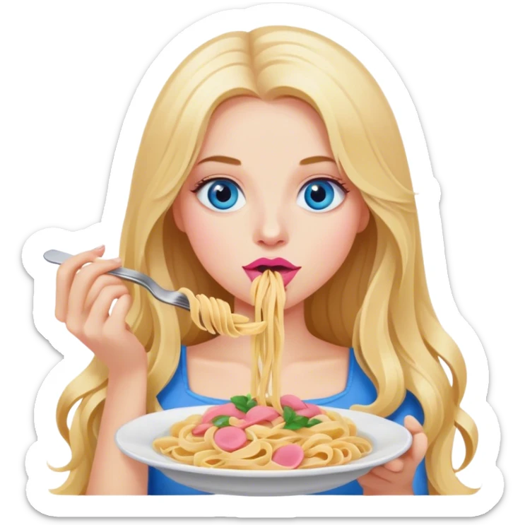 Cinematic realistic blonde with long hair, blue eyes and pink lips eats pasta sticker