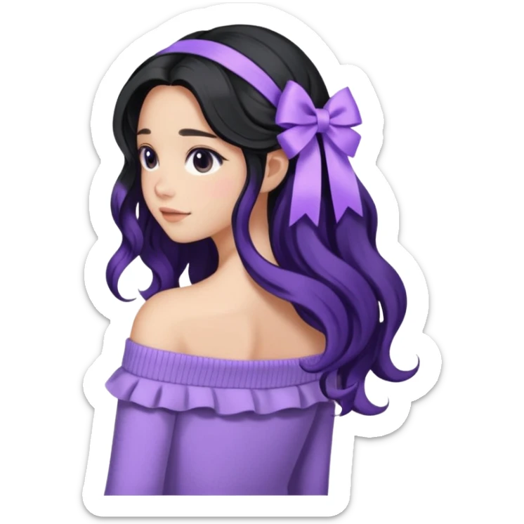 Girl with black wavy long hair and a ribbon hair clip beside it make it look like wearing a lavender off shoulder sweater make its hair stay in the back sticker