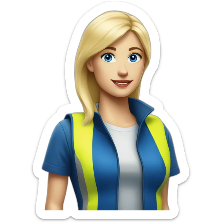 Ikea coworker blue eyes blond woman blue stripes t-shirt and yellow security vest sticker