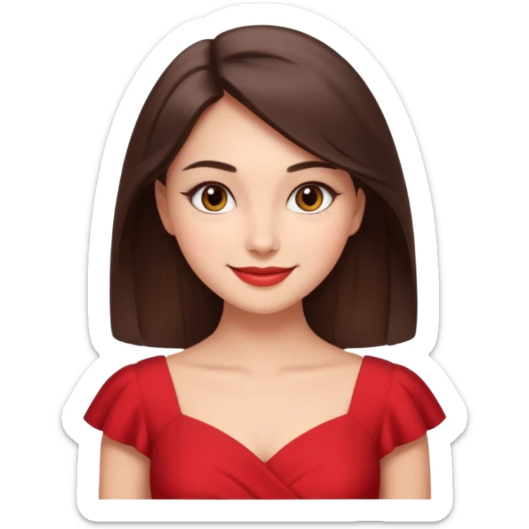 Cartoon emoji of a young brunette woman with fair-medium skin, brown eyes, wearing a red outfit. Full-height, standing confidently in a red dress  posing sexy with a smile and relaxed posture. Smooth, friendly, stylized, make up on, flirty eyes and smile in a sexy position  sticker