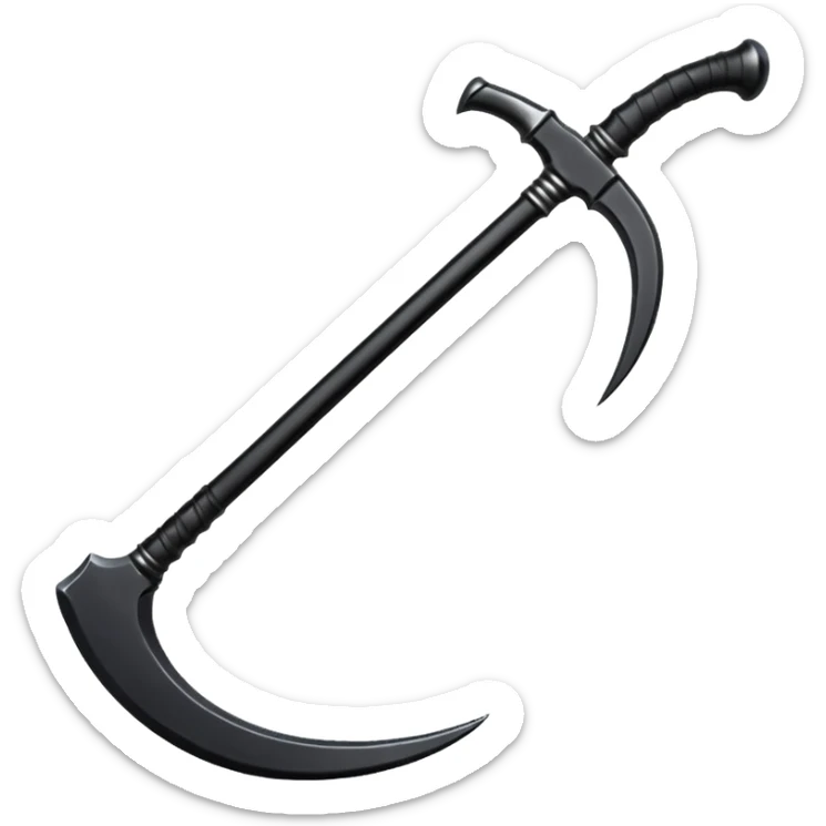 The scythe of the God of Death, a symbol of death, is long and straight, entirely in deep black. sticker