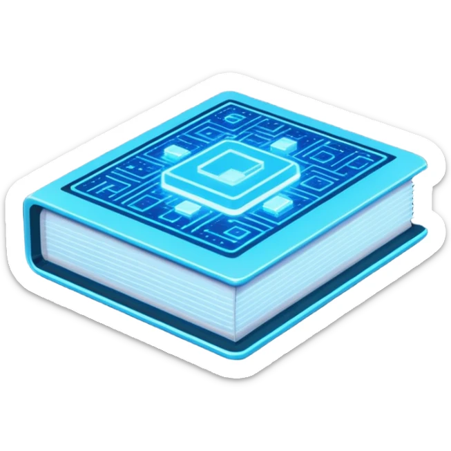 Pixel art emoji icon of a futuristic holographic book (help), neon blue sci-fi voxel style, cute tech aesthetic, centered, simple, high contrast, 3D shading, soft glow, transparent background, 100x100 px, game UI icon sticker