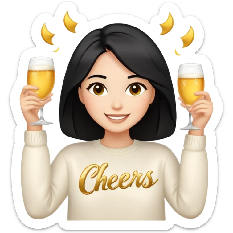 A woman with shoulder-length black hair, light to medium skin tone, full cheeks, and almond-shaped eyes, wearing a white sweater with the word 'cheers' in gold script, lying comfortably on a bed with soft lighting, joyful and radiant expression, emoji style, no drinks. sticker